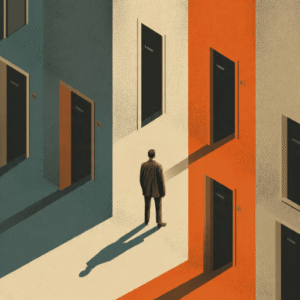 Man standing before multiple doors.